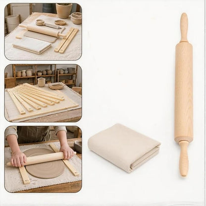 12 PCS Pottery Tools Set, Wooden Clay Rolling Pin with 10 Rolling Pin Guides & Linen Mat, Slab Roller for Clay Pottery