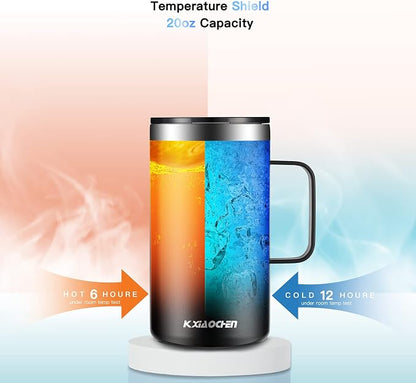KXIAOCHEN 20oz Insulated Coffee Mug with Lid, Stainless Steel Coffee Cup, Double Wall Vacuum Coffee Tumbler with Handle, Premium Thermal Travel Coffee Mug (Black)