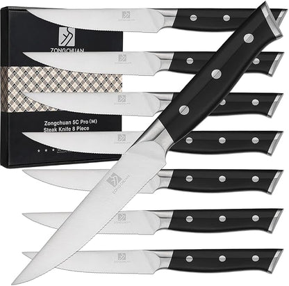 Medium Steak Knives Set of 8, 4.5 Inch High-Carbon Stainless Steel Serrated Steak Knife,Ergonomic Black Handles,Razor-Sharp, Dishwasher Safe, Rust-Resistant & Durable,Full Tang With Excellent Gift