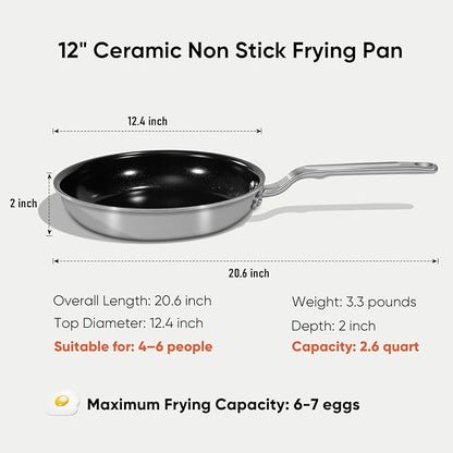 5 Ply Ceramic Non Stick Frying Pans - 12 Inch Stainless Clad Nonstick Skillet, Non-Toxic PTFE PFOA & PFAS Free, Induction Ready Oven Safe up to 650°F, Professional Even Heating Cookware