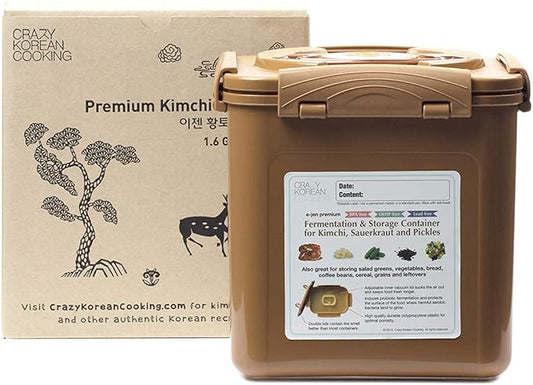 Crazy Korean Cooking Premium Kimchi, Sauerkraut Fermentation and Storage Container with Inner Vacuum Lid (1.6 Gal Sandy Brown (6.4L))