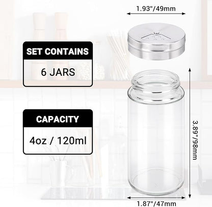 Segarty Spice Jars with Shaker Lids, 6 Pack 4 oz Glass Spice Bottles with Stainless Steel Lid, Glass Empty Seasoning Containers with Adjustable Pour Holes Spice Powder Storage Bottle Pepper Shakers