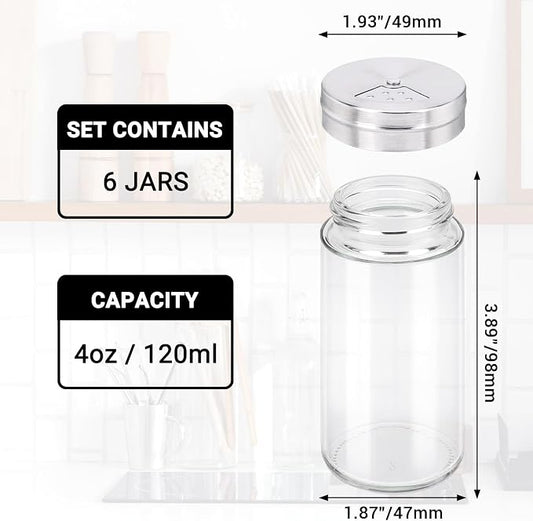 Segarty Spice Jars with Shaker Lids, 6 Pack 4 oz Glass Spice Bottles with Stainless Steel Lid, Glass Empty Seasoning Containers with Adjustable Pour Holes Spice Powder Storage Bottle Pepper Shakers