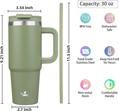 Konokyo 30 oz Tumbler with Handle and 2 Straws,2 in 1 Lid Insulated Water Bottle Stainless Steel Travel Coffee Mug,Army Green