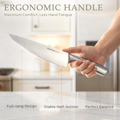 Astercook Knife Set, Kitchen Knives Set with Block and Sharpener Full Tang 15 Pcs Stainless Steel Knives, Dishwasher Safe Knife Set with Anti-slip Ergonomic Handle, Walnut, Fathers Day Gift for Men