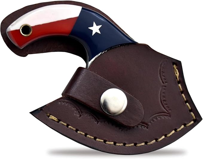 Custom Damascus Steel Ulu Knife Traditional Alaskan Ulu Multi-Purpose Pizza Cutter,Vegetable Chopping, Boning Slicing Cutting Texas Flag Resin Handle Leather Sheath (SUB-02)
