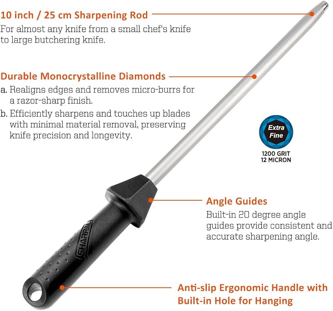 SHARPAL 119N Diamond Sharpening Steel – Professional Solid Knife Sharpener Honing Rod with Built-in Angle Guides, Sharpens, Realigns, and Polishes Edges for Chef and Kitchen Knives Fathers Day Gift