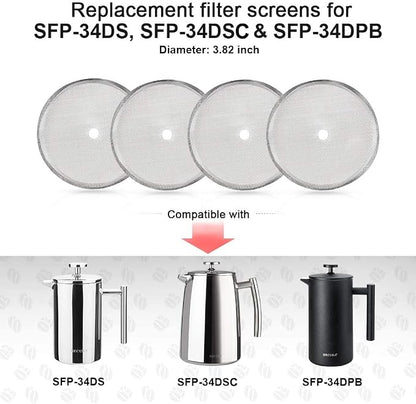 Secura French Press Replacement Screens, Stainless Steel Reusable Mesh Filter for 34 Ounce, 1 Liter Coffee Press, 4 Pack