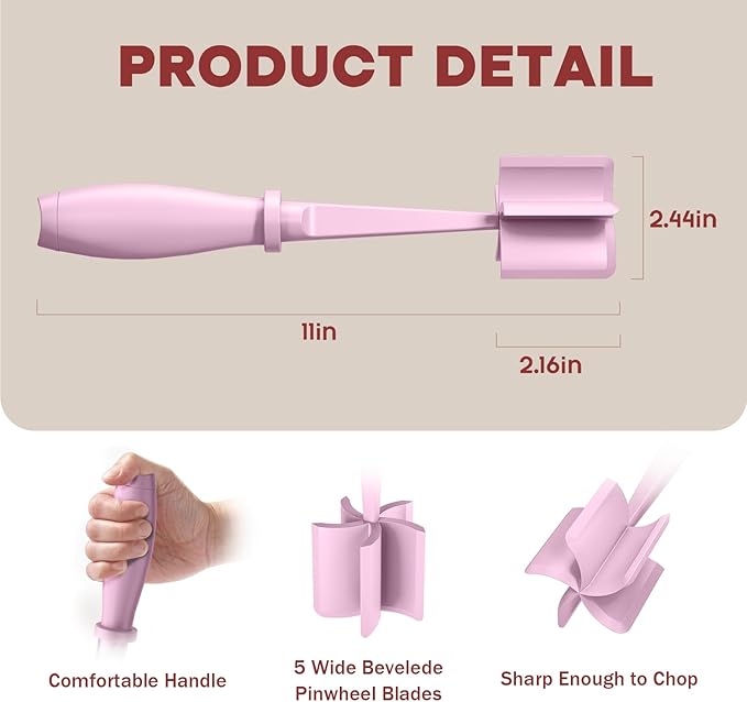 Pink kitchen tool with measurements and features on a beige background