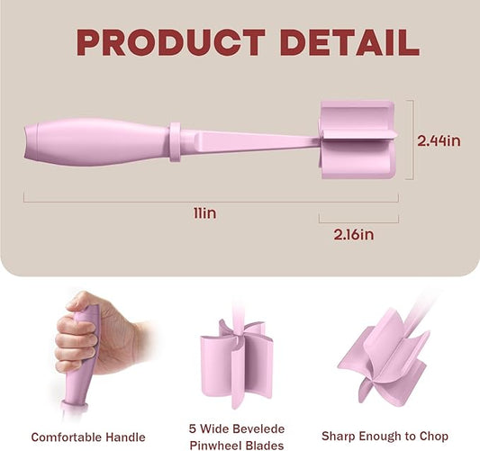 Pink kitchen tool with measurements and features on a beige background