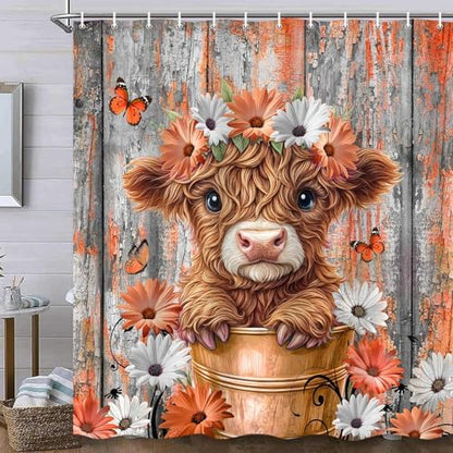 Rustic Wood Farmhouse Floral Shower Curtain for Bathroom, Western Funny Highland Cow Bull Floral Butterfly Country Flower Plant Art Printed Fabric Polyester Waterproof 12 Pack Plastic Hooks 47X64in