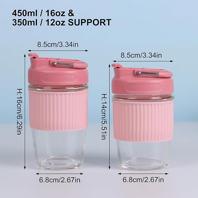 Sivaphe Reusable Glass Ice Hot Coffee Cup 16 oz, Portable Travel Mug with Spill-Proof Lid and Thermal Sleeve for Home Office Pink