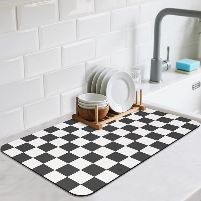 CooRug Checkered Dish Drying Mat for Kitchen Counter, Absorbent Non-Slip Coffee Mat, Heat Resistant Mat for Countertops Coffee Bar Decor 12" x 20" Black