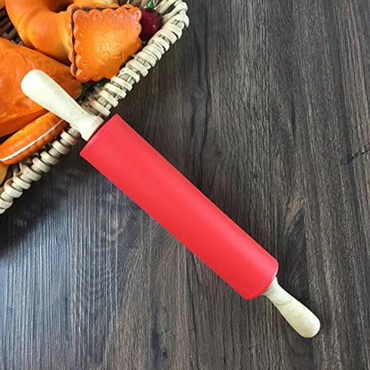 Silicone Rolling Pin Non Stick Surface,Rolling Pins For Baking With Wooden Handle,Dough Roller For Pizza,Bread,French Fondant,dough,Pie Cookie,Handmade Noodles1.97X15.15 (Red)