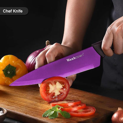 Wanbasion Purple Stainless Steel Knife Set, Sharp Kitchen Knife Set Professional, Kitchen Knife Set Dishwasher Safe with Covers for Cooking