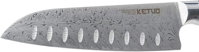 Ketuo Professional Chef Knife Damascus Carbon Steel with Laser Pattern Blade and Black Pakka Wood (7 Inch Santoku Knife)