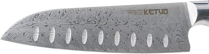 Ketuo Professional Chef Knife Damascus Carbon Steel with Laser Pattern Blade and Black Pakka Wood (7 Inch Santoku Knife)