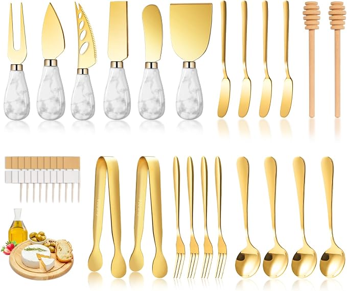 Marble Gold Cheese Knife Set, Ceramic Handle Charcuterie Board Accessories - Butter Spreader, Cheese Slicer, Serving Tongs, Spoons, Forks, Flags, Wooden Honey Dipper