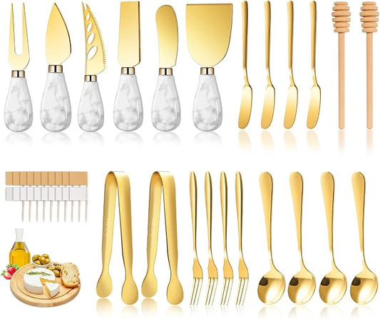 Marble Gold Cheese Knife Set, Ceramic Handle Charcuterie Board Accessories - Butter Spreader, Cheese Slicer, Serving Tongs, Spoons, Forks, Flags, Wooden Honey Dipper