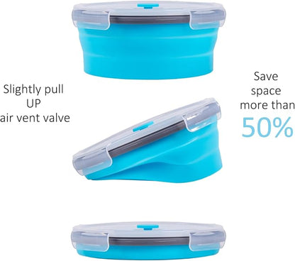 Collapsible Food Storage Containers with Airtight Lid & Vent, 40.5 oz, Kitchen Stacking Silicone Collapsible Meal Container Set for Leftover, Microwave Freezer Dishwasher Safe, Blue Round, Set of 4