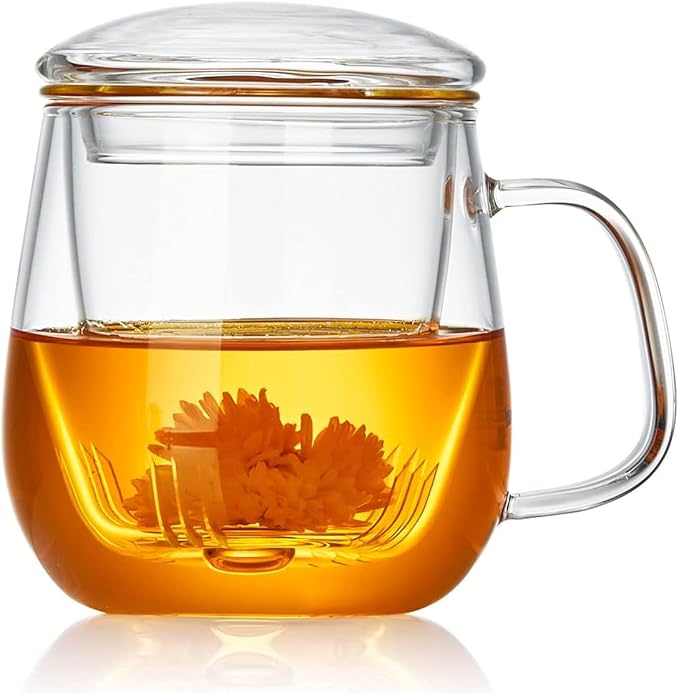 DOPUDO Glass Teacups 24 Pack Glass Tea Cup with Infuser and Lid, 17.6oz/520ml Large Borosilicate Teacup,Tea Clear Mug Cup for Loose Leaf Blooming Tea, Microwave & Dishwasher Safe.