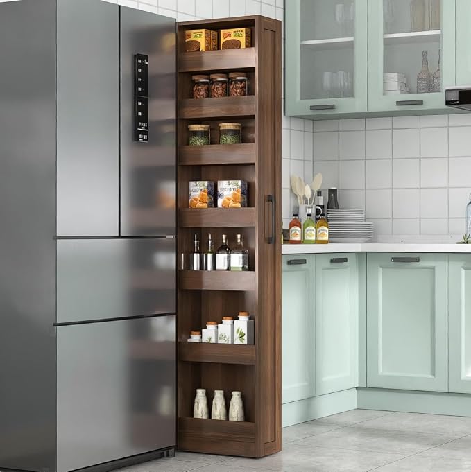 7 Tier Expandable Pull Out Cabinet Organizer, Pull Out Spice Rack, Rolling Kitchen Pantry Storage Cabinet, Slide Out Shelf Cabinet Storage for Kitchen, Walnut