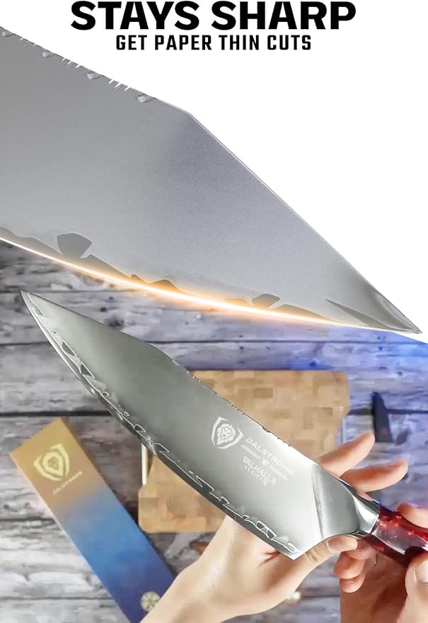 Dalstrong Chef Knife - 8 inch Blade - Premium 9CR18MOV HC Steel - Full Tang - Red Resin Handle - Chef's Knife - Valhalla Series - Razor Sharp Kitchen - Professional Leatther Sheath