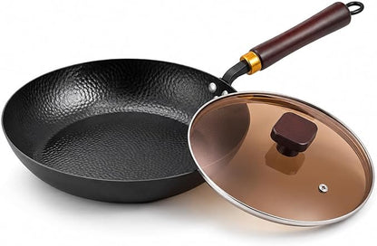 Calmabode 10.5” Hand-Hammered Carbon Steel Skillet with Glass Lid | Pre-seasoned coating-free carbon steel, flared rim, flat bottom, induction compatible, ideal for steak, eggs and searing