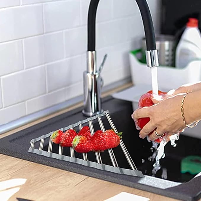 Triangle Dish Drying Rack Multipurpose Roll-up Drying Rack for Sink Corner Stainless Steel Over The Sink Corner Dish Drainer Mat for Kitchen (Grey)
