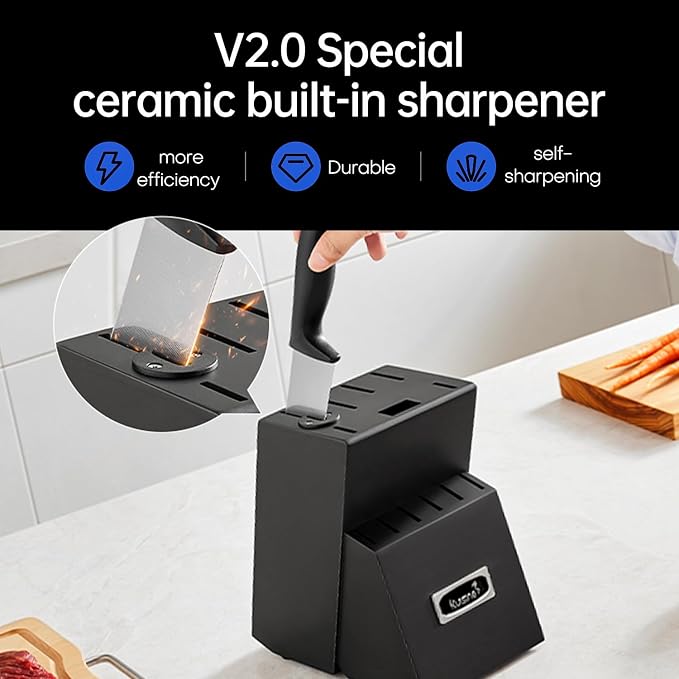 KUISINE Upgraded Chef Knife Set,High Carbon Stainless Steel Ultra Sharp Blade Ergonomic Handle,Kitchen Knife Block Set with Built-in Sharpener,Elegant Gift for Holiday(Silver Black,15PCS)