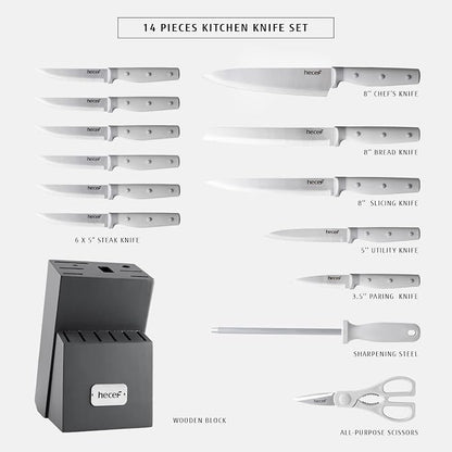 hecef Kitchen Knife Block Set, 14 Pieces Knife Set with Wooden Block & Sharpener Steel & All-purpose Scissors, High Carbon Stainless Steel Cutlery Set (Grey)