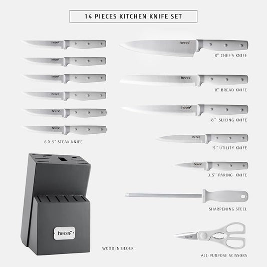 hecef Kitchen Knife Block Set, 14 Pieces Knife Set with Wooden Block & Sharpener Steel & All-purpose Scissors, High Carbon Stainless Steel Cutlery Set (Grey)
