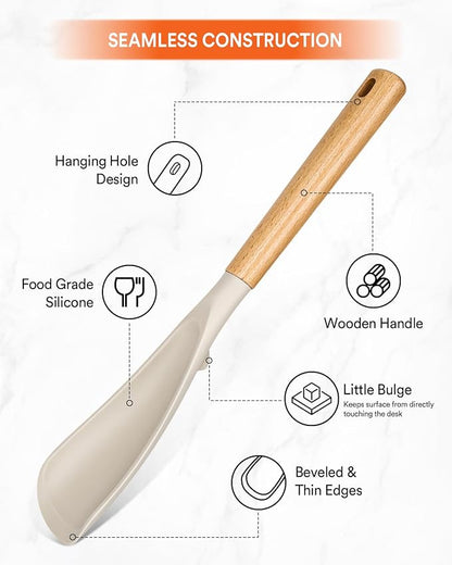 Cooking Spoon for Nonstick Cookwares, Great for Cooking and Serving Sturdy BPA-Free Matte Silicone, Wood Handle Spoon for Mixing, Scoop, and Scrape (KHAKI, 13.4 inch)