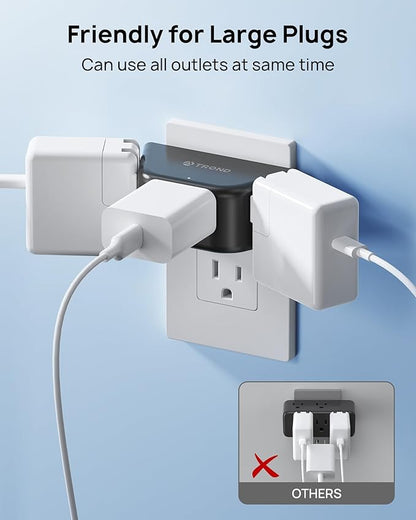 TROND Multi Plug Outlet 3 Pack - Wall Extender with 3-Prong Grounded Sockets, 3 Way Angled Outlet Adapter, Cruise Essentials, Expander for Travel, Home, Hotel, Dorm Room, Black