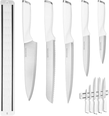 6-Piece White Knife Set with Magnetic Strip for Wall, Ultra Sharp Magnetic Knives Set for Kitchen, Dishwasher Safe Small Knife Set for Meat Vegetable Cutting
