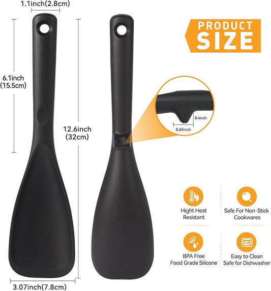 12.6" Extra Long Silicone Spatula Spoon for Nonstick Cookware, Seamless One-Piece Design Cooking Spoon with Built-in Tool Rest for Mixing, Scoop and Scrape, Dishwasher Safe, 2 Pack, Black