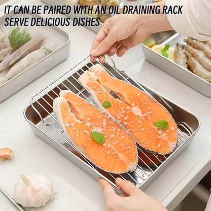 2-in-1 Stainless Steel Baking Sheet with Cooling Rack, Food Grade Oven Pan, Oven Safe, Warp Resistant, Heavy Duty, Easy Clean, Dishwasher Safe, for Baking, Roasting, Cooling, Draining Oil