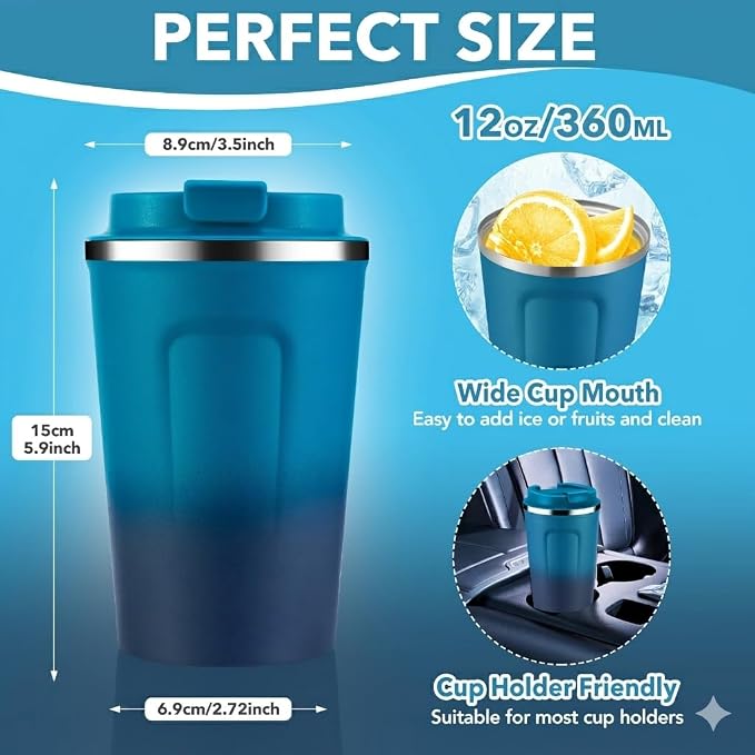 Volhoply 12 oz Double Wall Insulated Vacuum Travel Coffee Mugs with Flip Lid Bulk 2 Pack,Reusable Stainless Steel Leak Proof Coffee Cup,Portable Thermal Tumbler for Cold & Hot Drinks(Dark Night,2 Set)