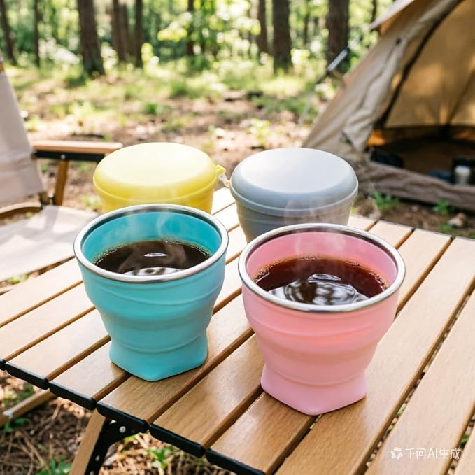 Collapsible Cup, 4Pack 8.8oz 260ml Foldable Travel Mini Coffee Mug, BPA Free Silicone Water Cup and Lid with Stainless Steel Rim, Portable Pocket Cup for Outdoor, Hiking, Camping & Kids