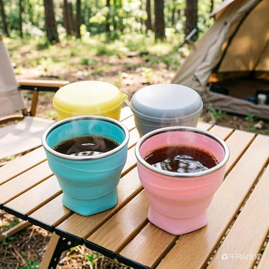 Collapsible Cup, 8.8oz 260ml Foldable Travel Mini Coffee Mug, BPA Free Silicone Water Cup and Lid with Stainless Steel Rim, Portable Pocket Cup for Outdoor, Hiking, Camping & Kids （Blue）