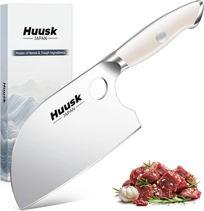 Huusk Professional Serbian Chef Knife, Full Tang Meat Cleaver with Ivory White Ergonomic Handle, Ultra Sharp Kitchen Knife for Vegetables & Meat Butchering Chopping Gift for Women Men