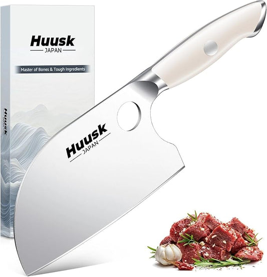 Huusk Professional Serbian Chef Knife, Full Tang Meat Cleaver with Ivory White Ergonomic Handle, Ultra Sharp Kitchen Knife for Vegetables & Meat Butchering Chopping Gift for Women Men