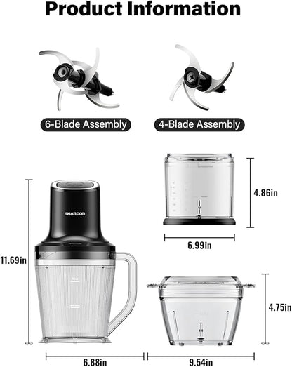 SHARDOR 3-in-1 Small Food Processor/Blender, 400W Powerful Food Chopper with 6-Cup Jar, 4-Cup Processor Bowl & 2-Cup Chopper Bowl, for Food Prep, Smoothies and Milkshakes