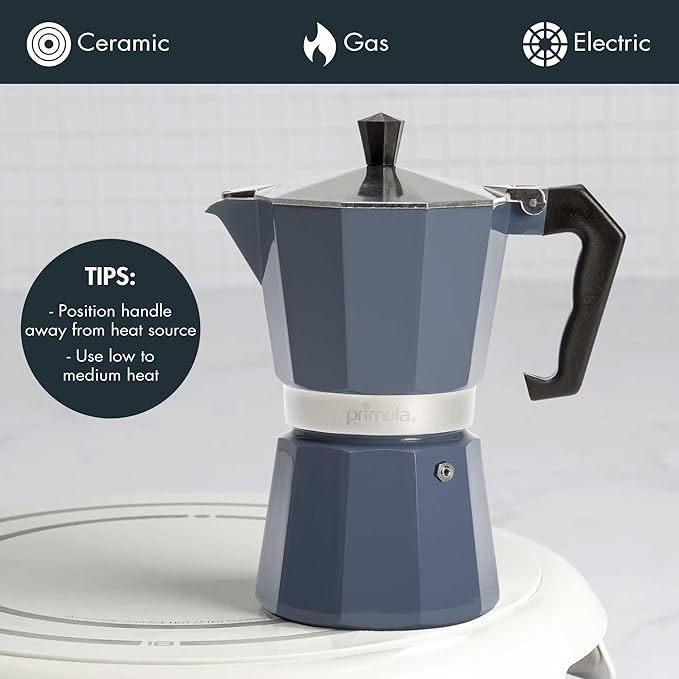 Primula Classic Moka Pot Stovetop Espresso and Coffee Maker, Italian and Cuban Cafetera for Rich Espresso Brewing, Durable Aluminum Greca Coffee Maker with Easy Grip Handle, 6-Cup, Blue