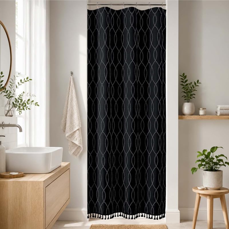 OVZME Black Stall Shower Curtain for Bathroom, Puff Printed Textured Shower Curtain with Tassels, Geometry Heavy Duty Vintage Country Narrow Bathroom Curtain, Water Resistant Fabric, 36Wx72L