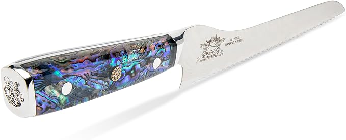 Damascus Bread Knife - 10" / 25.5 cm AUS-10 Steel, Clear Resin Handle - Leather Sheath Included