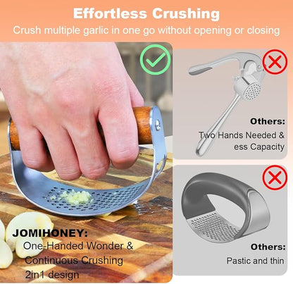 Garlic Press Rocker Stainless Steel Ginger Crusher, Garlic Mincer and Squeezer Kitchen Gadget with Ergonomic handle, Silicone Tube Garlic Peeler, Scraper and Cleaning Brush Tool Set