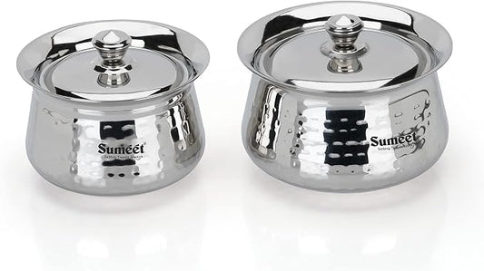 Sumeet Stainless Steel Handcrafted Hammered Texture Handi Set with Lid for Kitchen, Set of 2, 460ml & 650ml, Silver