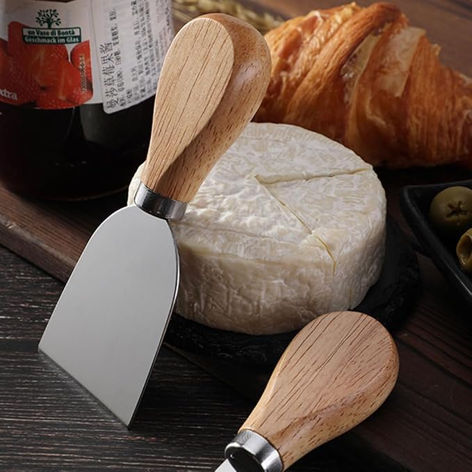 Linwnil 4-Piece Set of Stainless Steel Cheese Knives with Wood Hand, Including Cheese Slicer and Cheese Cutters, Essential Cheese Tools for the Kitchen (Oak handle, Gold)