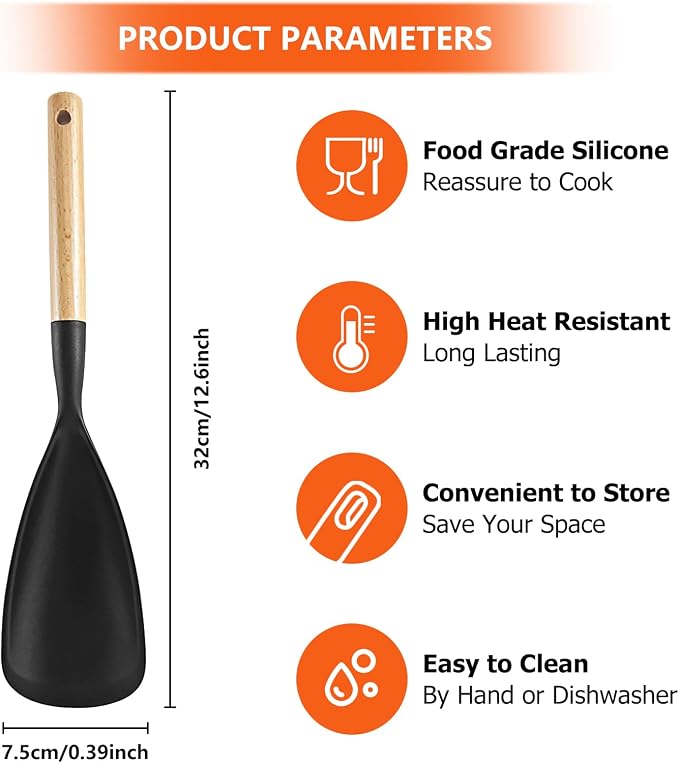 Silicone Spatula Spoon Wood Handle BPA-Free Nonstick Safe - Cooking Spoons, Cooking Spoon, Silicone Cooking Spoons, Spoon Spatula Mixing Scooping Scraping (Black & Grey) 12.6 Inch